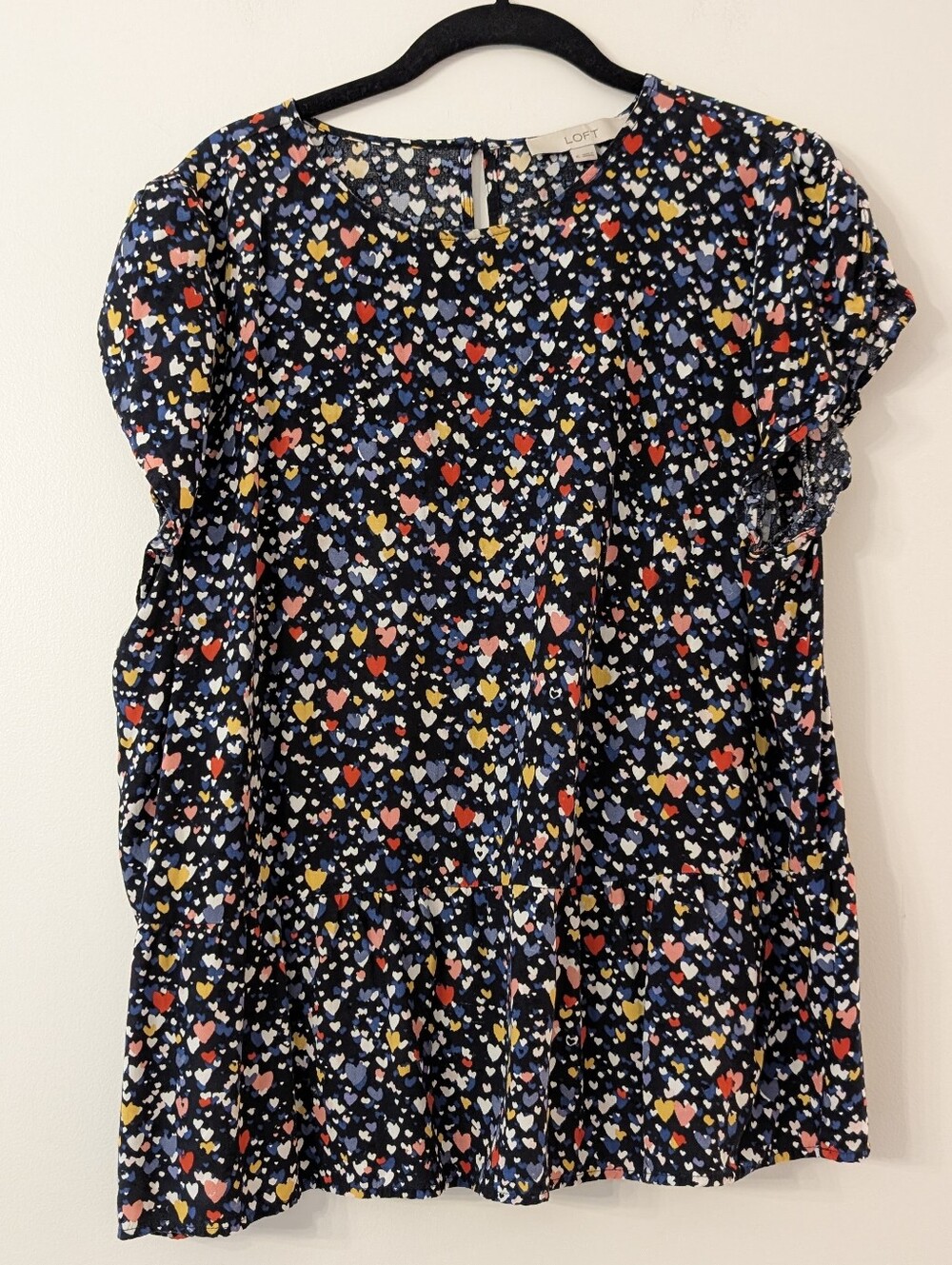 Loft Heart Print tulip Sleeve Top Multi color Blouse Size XL